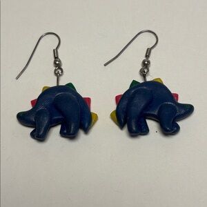 Funky and Cute Blue Dinosaur Dangle Polymer Clay Earrings 1”